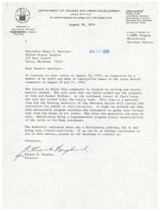 ["Senator Dewey Bartlett received a letter from Rachel Girdner regarding the poor condition of yards in the Lyons Switch community. The Housing Authority of Cherokee County had promised to fix the yards but had not done so. Some residents were delinquent in house payments, and there were discrepancies in who was allowed to live on Tribal Land without paying. Bartlett contacted the Department of Housing and Urban Development for assistance, and after an inspection, it was determined that corrective action was being taken for the eroded yards. Bartlett thanked the HUD director for his assistance and informed Girdner of the progress."]