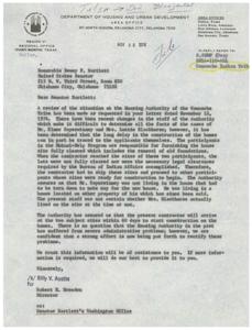 ["The document is a request for help from Senator Dewey Bartlett regarding delays in the construction of low-income housing for a semi-invalid man and a 72-year-old widow by the Comanche Housing Authority. The applicants were advised to tear down their existing homes, but after several years, construction has not started due to various administrative problems. The document outlines the difficulties faced by the applicants and requests assistance in resolving the situation. Senator Bartlett responds, asking the applicants to provide detailed information and personally sign a letter outlining their views on the matter."]