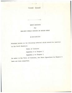 ["The document  is a draft handbook for low-rent public housing in Indian areas, with addenda including a table of contents and appendices. It covers topics such as the legal basis of the low-rent housing program, Indian Housing Authorities, project planning and development, economic development, mutual help program, Turnkey III, and management. Specific information is provided on lease agreements for mutual help housing projects on tribal land."]