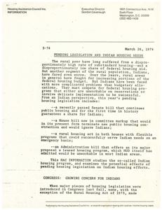 ["The Housing Assistance Council Inc. is addressing the lack of federal housing aid for rural and Indian populations. Pending housing legislation includes provisions for Indian housing needs, with a focus on public housing programs and self-help homeownership options. The history of Indian housing programs, such as the Mutual Help program and HIP grants, is also discussed, highlighting the challenges and limited impact of federal housing programs on Indian communities."]