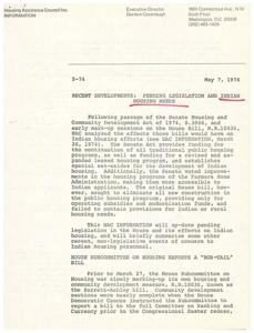 ["The Housing Assistance Council Inc. provides information on pending legislation regarding Indian housing needs, specifically the Senate Housing and Community Development Act of 1974 and the House Bill H.R.10036. The House Subcommittee on Housing has produced a \"bob-tail\" bill, R.14490, which includes a new leasing program for subsidized housing. However, there are concerns about the lack of provisions for Indian housing set-asides in the bill. The full Committee mark-up is set to begin soon, with potential housing battles expected."]
