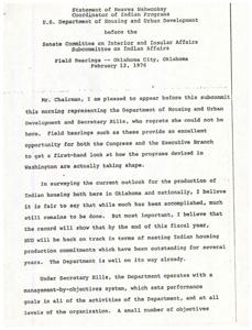 Improving Indian Housing Programs: A Statement by Reaves Nahwooksy, 1976-02-12