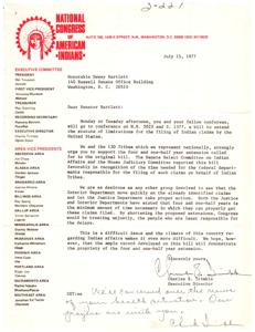 1977 Letter from National Congress of American Indians to Senator Bartlett Regarding Extension of Statute of Limitations for Indian Claims, 1977-07-15