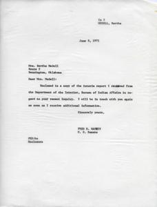 Interim Report Response Letter to Mrs. Bertha Medell from Senator Fred R. Harris, 1971-06-08