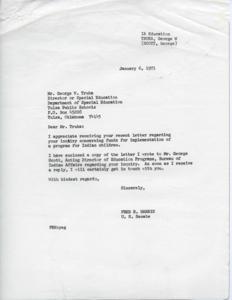 Senator Harris Responds to Inquiry About Funding for Education Program for Indian Children, 1971-01-06