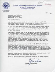 Efforts to Address Discrimination Against Indian Students in Rapid City Public Schools: A Letter from the Bureau of Indian Affairs to Senator Fred R. Harris, 1971-01-01 - 1971-12-31
