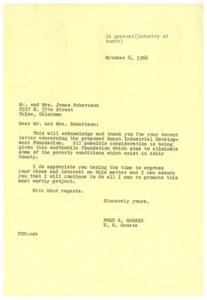 Senator Harris&#39; Response to Earl E. Latimer Regarding Bunch Industrial Development Foundation, 1966-10-10