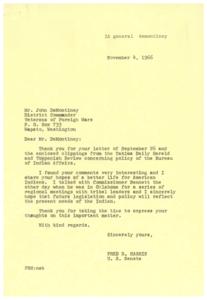 ["The letter from DeMontiney to Senator Harris expresses appreciation for his speech on American Indians and discusses the need for reform within the Bureau of Indian Affairs. DeMontiney highlights the importance of tribal leaders having more autonomy in planning and programming, as well as the need for a training program for new Bureau of Indian Affairs employees. He also mentions the upcoming regional meetings with tribal leaders to discuss proposals for legislation. The letter emphasizes the importance of addressing the needs and concerns of American Indians."]
