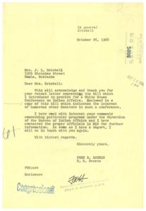 Letter to Senator Fred R. Harris Regarding the Education and Empowerment of Native Americans, 1968-01-01 - 1968-12-31