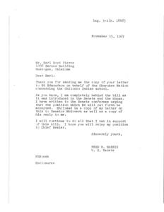 Letter: Fred Harris to a member of the Cherokee Nation, thanking them for their testimony in support of a bill that would provide for the US to hold certain lands in trust for the Cherokee Nation., 1967-08-22