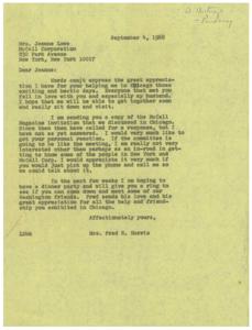 Letter Expressing Gratitude and Invitation to Mrs. Jeanne Lowe from Mrs. Fred R. Harris, 1968-09-04