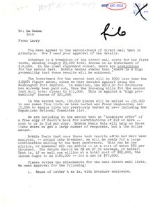 ["The document contains a table with estimated costs for a direct mail campaign, broken down by item. The total cost for the first test is estimated at $14,036.23, and the total cost for the second test is estimated at $12,464.00."]