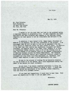 ["Ladonna Harris, is writing to Dr. James Lopper to thank him for his suggestions and encouragement regarding her proposed series on American Indians. She expresses her commitment to doing the series justice, and mentions that they are currently working on a script treatment for one of the programs. Harris asks for recommendations for an executive director, and encloses some materials giving background on her recent activities."]