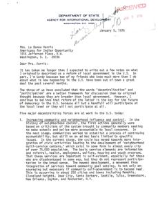 Decentralization and Participation: A Discussion on the Reform of Local Government in the U.S. - Letter to Mrs. La Donna Harris, 1976