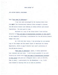Form Letter for AIO Action Council&#39;s Lobbying on Indian Affairs and Related Legislation, 1967-01-01 - 1969-12-31