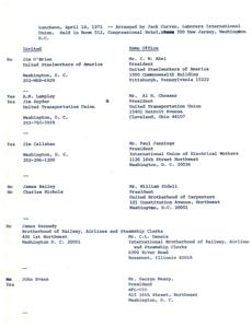 Attendee List for the 1972 Laborers International Union Luncheon, 1972-01-01 - 1972-12-31