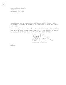 Invitation to Participate in Summer Institute: A Letter from Associate Professor D. Ed Harrell to Mrs. LaDonna Harris, 1966-11-25