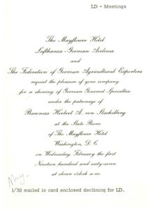 Invitation to a 1967 German Gourmet Specialties Show in Washington, D.C., 1967-01-01 - 1967-12-31