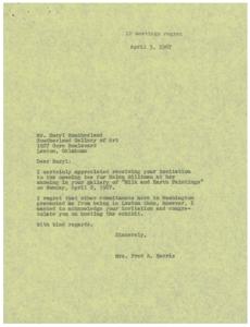 Letter of Regret to Southerland Gallery of Art from Mrs. Fred R. Harris, 1967-04-02