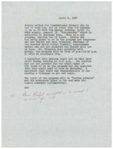 LaDonna Invited to Appear on New Television Program &#39;Controversy&#39; Discussing Indian Affairs, 1967-04-04