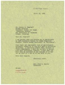 Letter of Regret for Non-Participation in 1967 Southwest Center for Human Relations Studies&#39; Fourth Annual Conference, 1967-04-12