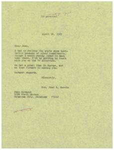 Letter from Mrs. Fred R. Harris to Jean Sprague, April 14, 1967, 1967-04-14