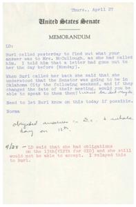 Internal Senate Memorandum Regarding Communication with Mrs. McCullough and Event Scheduling, 1967-01-01 - 1967-12-31