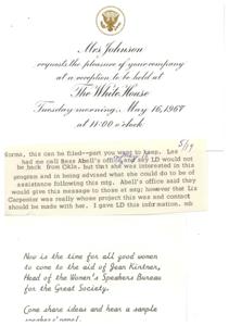 Invitation to a Reception at the White House: A Note on the Women&#39;s Speakers Bureau for the Great Society, 1967-01-01 - 1967-12-31