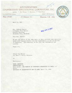 1967 Correspondence from Southwestern Cooperative Educational Laboratory to Mrs. LaDonna Harris, 1966-04-23