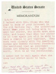 Memorandum Regarding All Nations Day and American Indian Art Display Discussion with Mrs. Sloan, 1967-01-01 - 1967-12-31