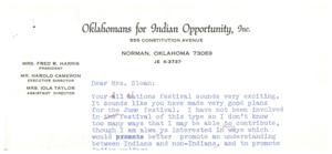 Letter from Oklahomans for Indian Opportunity, Inc. Regarding All Nations Festival, 1967-01-01 - 1967-12-31