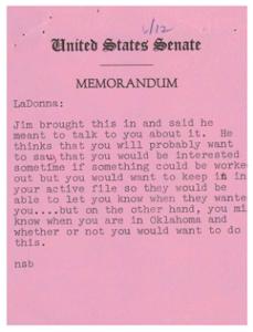 Internal Senate Communication Regarding Potential Opportunity for LaDonna, 1967-01-01 - 1967-12-31