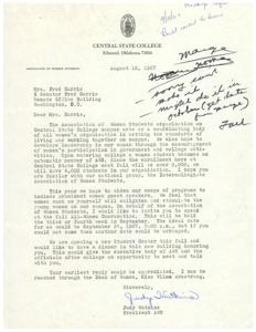 Invitation Letter to Mrs. Fred Harris from Association of Women Students at Central State College, 1967-08-10