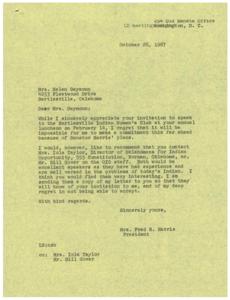 Declination of Speaking Invitation to Bartlesville Indian Women&#39;s Club by Mrs. Fred R. Harris, 1967-09-30