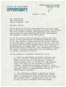 Establishment and Purpose of the Women&#39;s Advisory Committee on Poverty: A Letter to Mrs. Fred Harris, 1967-10-05