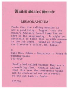 Memorandum on Talking Machine Concerns and Women&#39;s Advisory Council Involvement, 1968, 1968-01-01 - 1968-12-31