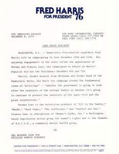 Norman and Frances Lear to campaign for Fred Harris in Iowa 1975