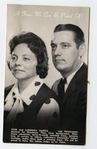 A campaign postcard with photo of Fred R. and LaDonna Harris At the top of the image is the phrase, A Team We Can Be Proud Of!, 1963-01-01 - 1976-12-31