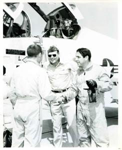 Fred R. Harris shakes hands with Lt Merkle after a flight in an U.S. Air Force jet Photo courtesy of the United States Air Force, 1963-01-01 - 1976-12-31