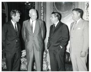 Fred R. Harris and Robert F Kennedy visit with two unidentified men September 1965, 1965-09-01