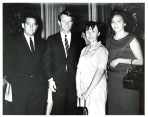 Fred R. and LaDonna Harris pose with Robert F Kennedy and an unidentified woman July 1965 Negative, 1965-07-01