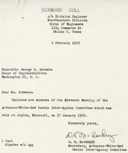 ["The document  is a letter enclosing the minutes of the Eleventh Meeting of the Arkansas-White-Red Basins Inter-Agency Committee held on January 17, 1952, in Joplin, Missouri. The meeting included representatives from various federal and state agencies. The minutes include discussions on meeting schedules, informal sessions, and the establishment of task groups. The Secretary recommended that certain actions be made a part of the minutes of the meeting."]