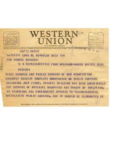 Urgent Request for Moratorium on Public Housing: Telegram to United States Representative, 1951-01-01 - 1951-12-31