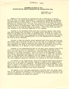 Support for the McCarran-Walter Omnibus Immigration and Naturalization Bill, 1952-03-18