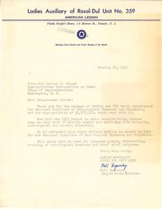 Letter to Congressman Schwab from Ladies Auxiliary of Rosol-Dul Unit No. 359 Advocating for Increased Funding for the National Institute of Neurological Diseases and Blindness, 1952-01-16