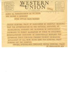 Telegram Requesting Increased Funding for Cerebral Palsy Rehabilitation Institute, 1945-01-01 - 1946-12-31