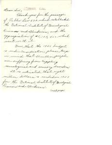 Letter of Gratitude and Funding Request for National Institute of Mesological Diseases and Blindness, 1945-01-01 - 1946-12-31