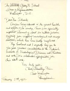 Letter Urging Congressional Support for National Institute of Neurological Diseases Funding, 1952, 1945-01-01 - 1946-12-31