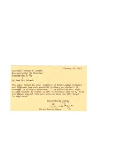 Support Needed for National Institute of Neurological Diseases and Blindness, 1952-01-25
