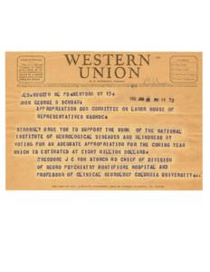 Supporting Funding for National Institute of Neurological Diseases and Blindness, 1952-01-01 - 1952-12-31